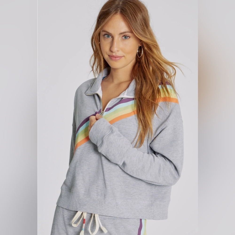 NWT Wildfox Oversized Rainbow Stripe Half Zip Sweatshirt - Heather Gray
